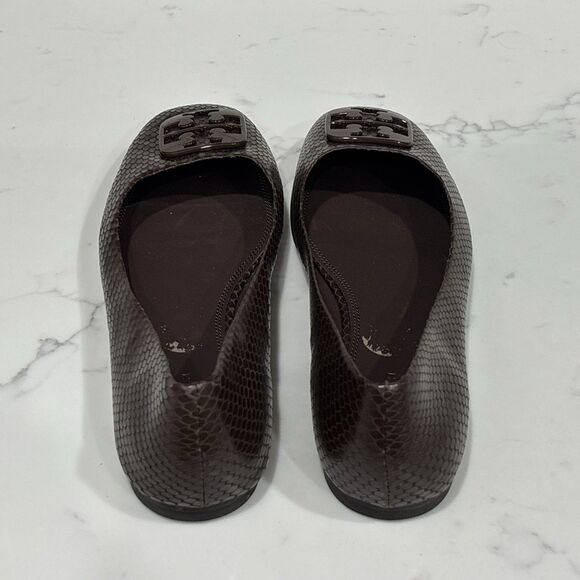 Tory Burch Ballet Flats 10.5 Georgia Square Toe Snakeskin Embossed Leather Brown - Picture 8 of 13